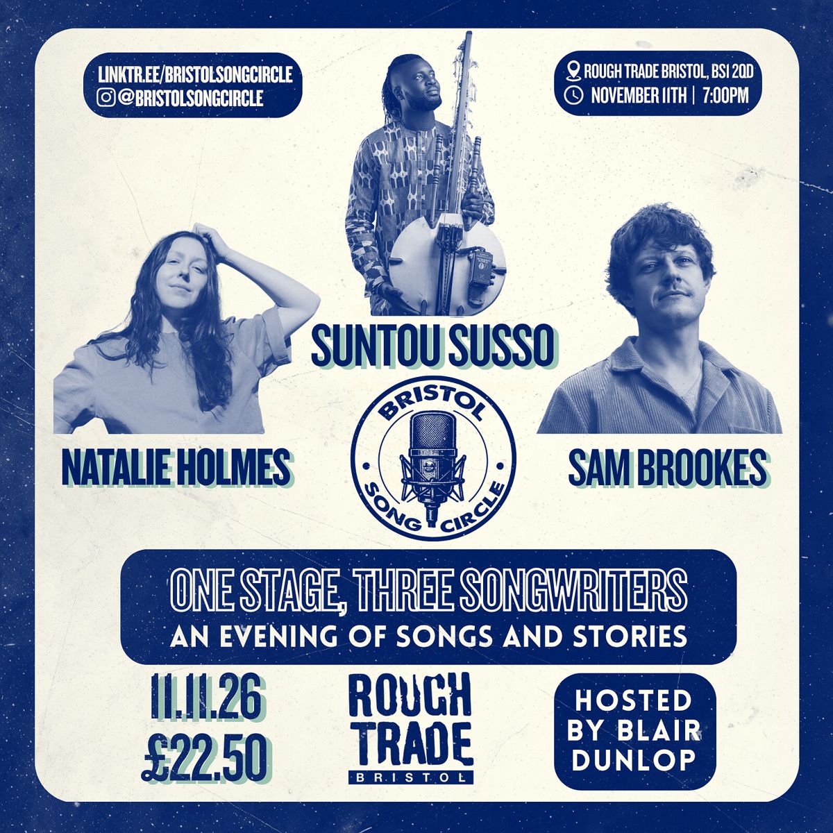 Suntou Susso, Natalie Holmes, and Sam Brookes event artwork